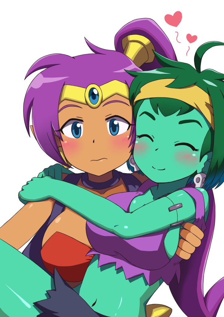 2girls ^_^ bare_arms bare_shoulders blue_eyes blush breasts carrying closed_eyes dark_skin earrings embarrassed forehead_jewel gem green_hair green_skin happy headband heart hoop_earrings jewelry johnny_(seek_as_1990sp) lifting lifting_person midriff multiple_girls navel ponytail purple_hair rottytops shantae shantae_(character) shantae_(series) shantae_and_the_pirate's_curse short_hair sideboob simple_background skull skull_earrings smile stitches stomach torn_clothes upper_body vest white_background yuri zombie