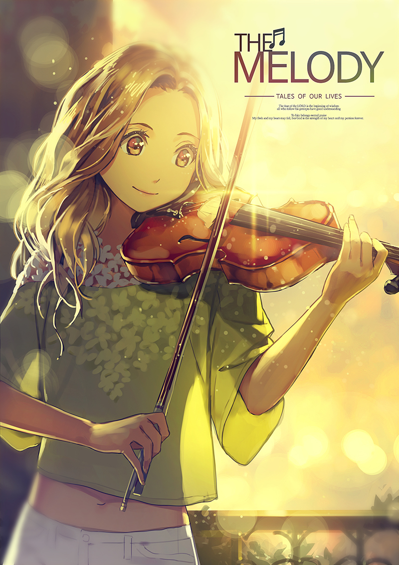 1girl blonde_hair bow_(instrument) brown_eyes closed_mouth green_shirt instrument midriff music original pants playing_instrument shirt smile solo standing violin white_pants wide_sleeves yohan12