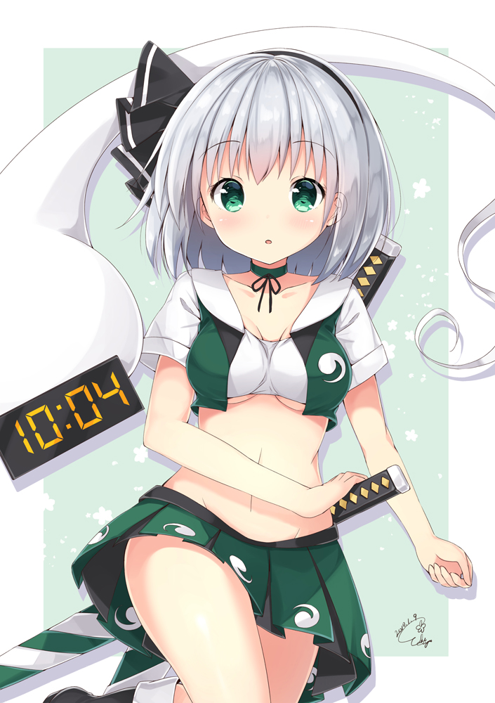 1girl :o bangs black_ribbon blush breasts choker clock crop_top dated digital_clock green_eyes green_skirt hair_ribbon konpaku_youmu konpaku_youmu_(ghost) looking_at_viewer medium_breasts midriff miniskirt navel ribbon short_hair signature silver_hair skirt solo sword touhou under_boob weapon yaki_mayu