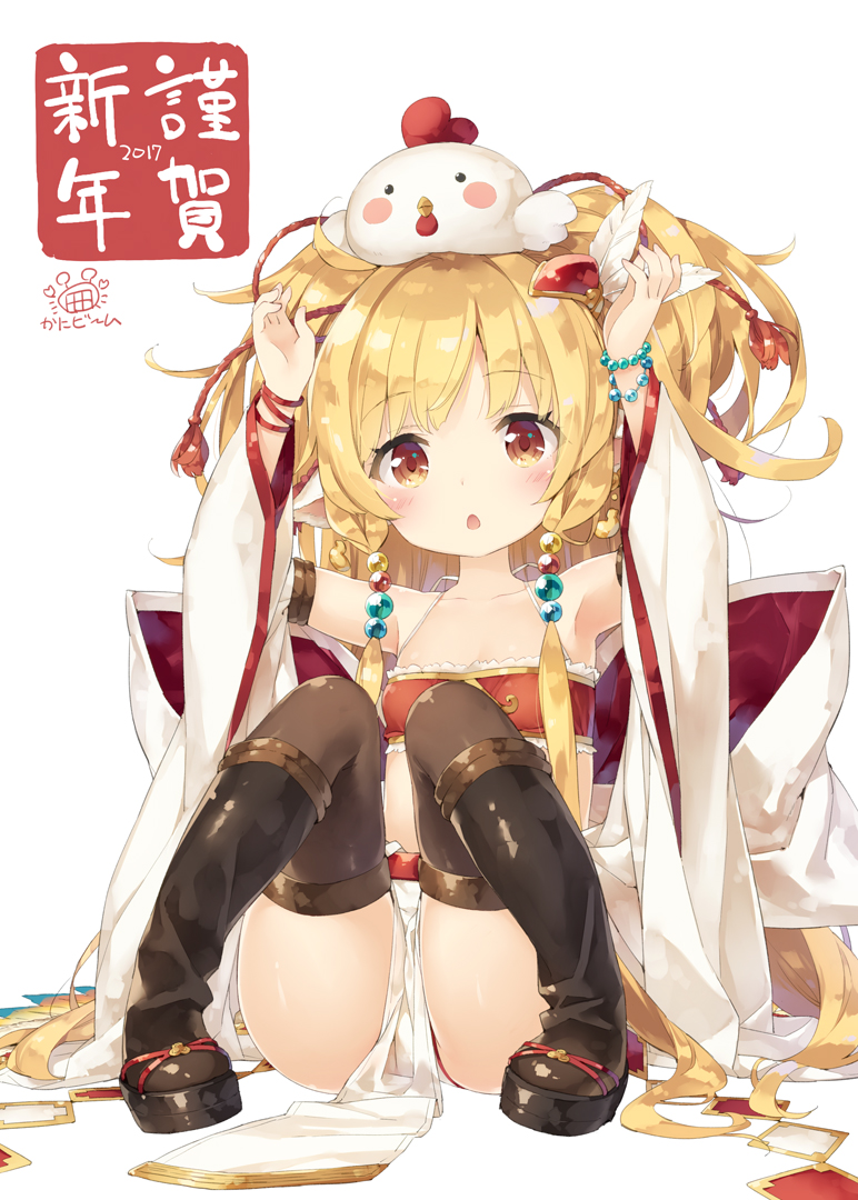 1girl 2017 animal animal_on_head arms_up artist_name bandeau bangs beads black_legwear blonde_hair blush bow breasts brown_eyes brown_legwear card chicken_on_head clog_sandals collarbone commentary_request crab crop_top detached_sleeves eyebrows_visible_through_hair feathers granblue_fantasy hair_beads hair_feathers hair_ornament happy_new_year knees_together_feet_apart knees_up large_bow loincloth long_hair looking_at_viewer makira_(granblue_fantasy) midriff nengajou new_year open_mouth peko petite sandals signature simple_background sitting small_breasts solo thigh-highs translated very_long_hair white_background white_bow wide_sleeves