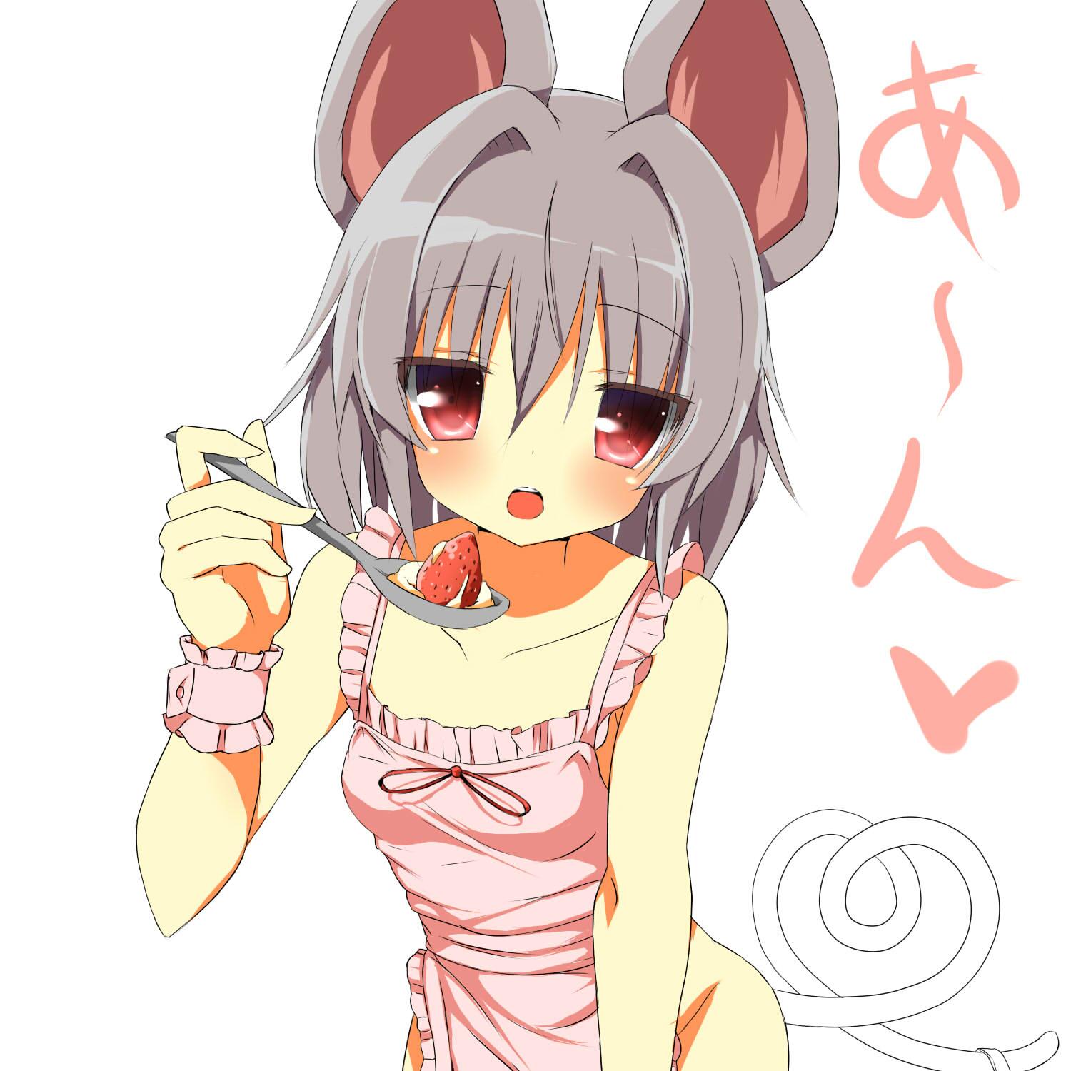 1girl 5240mosu animal_ears apron bangs bare_arms blush breasts collarbone cowboy_shot eyebrows_visible_through_hair food frilled_apron frills fruit grey_hair groin hair_between_eyes hair_intakes hand_up heart heart_tail highres holding holding_spoon leaning_forward looking_at_viewer mouse_ears mouse_tail naked_apron nazrin open_mouth pink_apron red_eyes short_hair simple_background small_breasts solo spoon strawberry tail touhou white_background wrist_cuffs