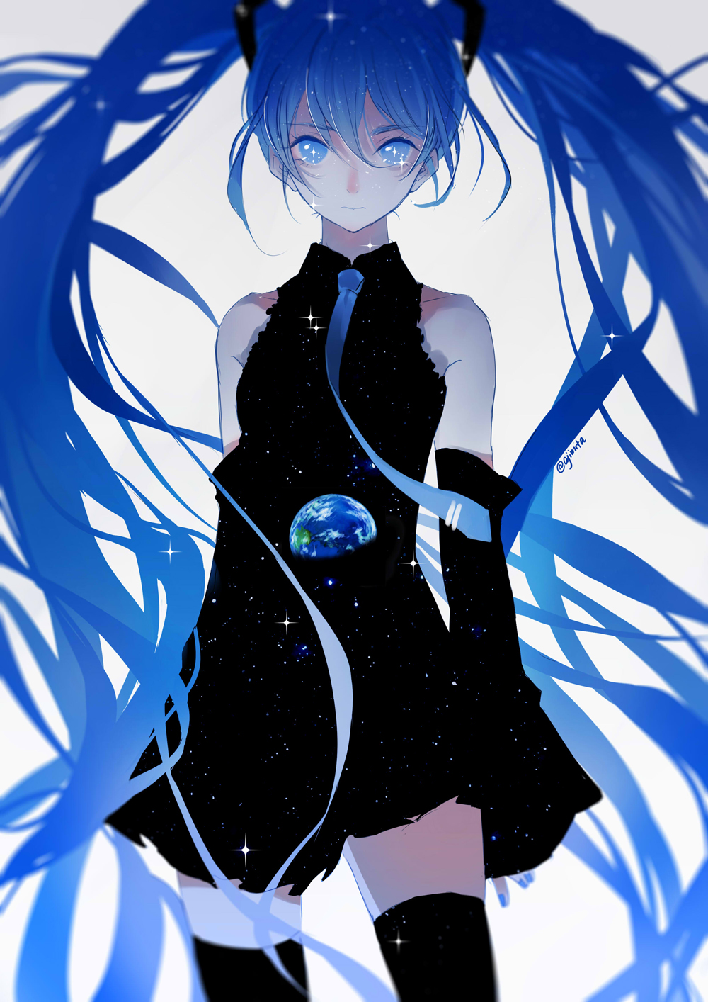 1girl ajimita alternate_costume aqua_nails black_legwear blue_eyes blue_hair contrast detached_sleeves earth fingernails hatsune_miku highres long_hair looking_at_viewer matching_hair/eyes nail_polish necktie simple_background solo space sparkle sparkling_eyes thigh-highs twintails twitter_username vocaloid wavy_mouth white_background