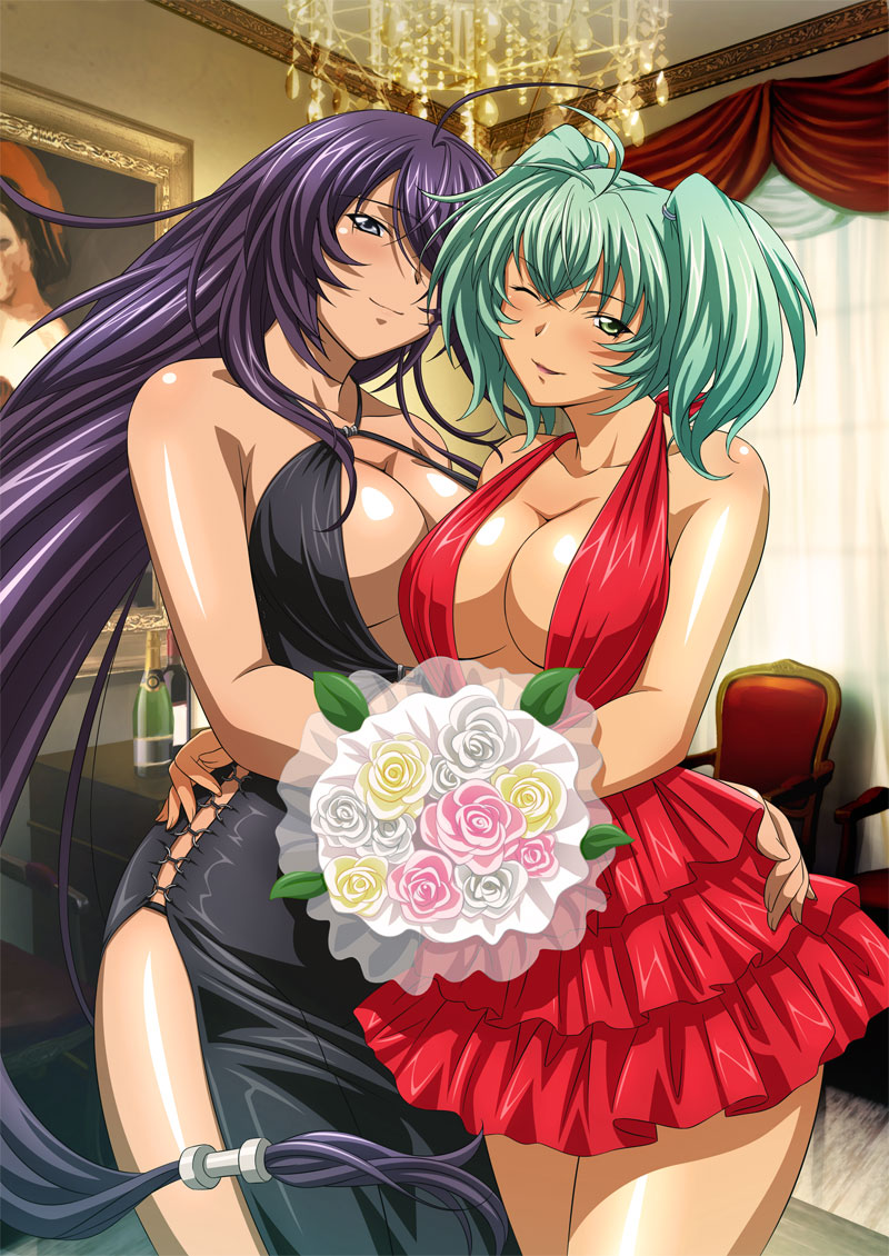 2girls bouquet breasts cleavage flower formal green_eyes green_hair hair_over_one_eye ikkitousen ikkitousen_great_guardians kan'u_unchou large_breasts long_hair multiple_girls official_art one_eye_closed purple_hair ryofu_housen twintails very_long_hair