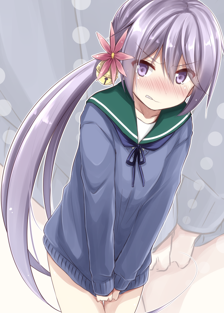 1girl akane_souichi akebono_(kantai_collection) bell blush bow clenched_teeth clothes_tug flower hair_bell hair_between_eyes hair_bow hair_flower hair_ornament jingle_bell kantai_collection long_hair looking_at_viewer multiple_views no_pants purple_hair purple_sweater school_uniform serafuku sweater sweater_tug teeth thighs very_long_hair violet_eyes