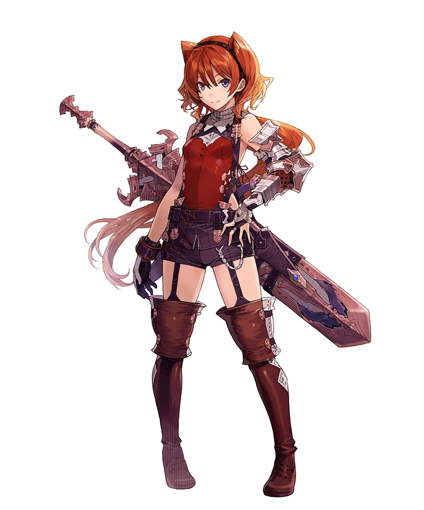 1girl armor asymmetrical_gloves boots bridal_gauntlets full_body garter_straps gloves hairband huge_weapon long_hair looking_at_viewer official_art philia_(shingeki_no_bahamut) ponytail redhead sheath sheathed shingeki_no_bahamut short_shorts shorts simple_background smile solo sword thigh-highs thigh_boots violet_eyes weapon white_background