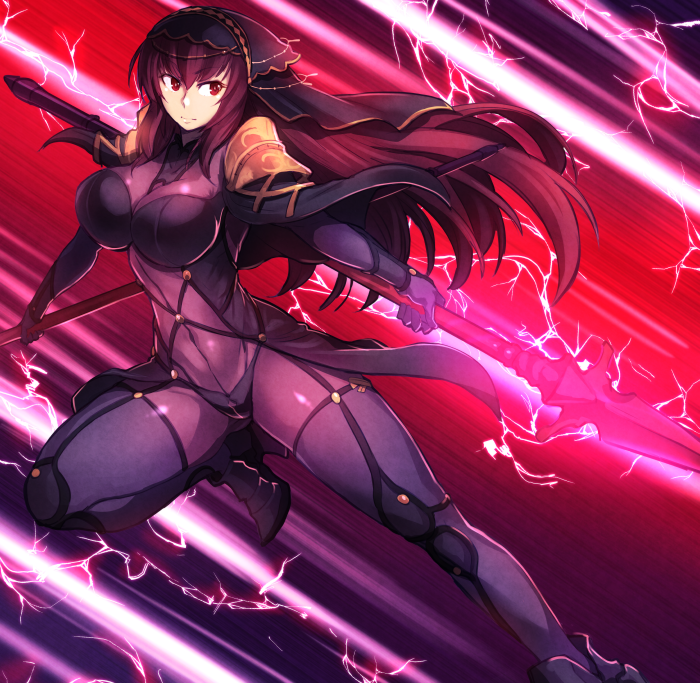 1girl armor arms_behind_back bodysuit boots breasts comic commentary_request dual_wielding elbow_gloves energy_beam fate/grand_order fate_(series) gloves glowing holding holding_weapon impossible_clothes jumping knee_up large_breasts long_hair looking_to_the_side polearm purple_hair red_eyes scathach_(fate/grand_order) shoulder_armor solo spear thigh-highs thigh_boots tomoyohi unitard weapon