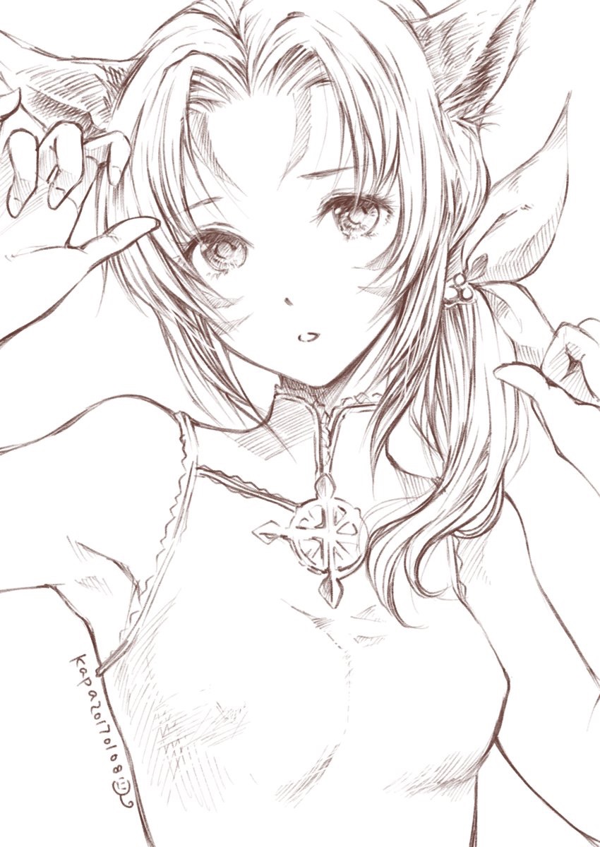 1girl animal_ears armpits bangs bow cat_ears eyelashes facial_mark final_fantasy final_fantasy_xiv greyscale hair_bow hands_up head_tilt highres long_hair looking_at_viewer miqo'te monochrome open_mouth parted_bangs ponytail satomi_hiroshi signature sketch sleeveless solo