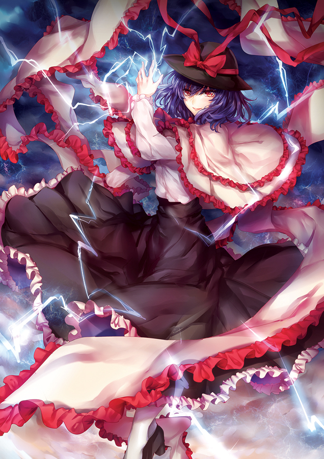 1girl black_hat black_skirt bow capelet electricity frilled_skirt frills hat hat_bow long_skirt long_sleeves looking_at_viewer nagae_iku puffy_long_sleeves puffy_sleeves purple_hair red_bow red_eyes shawl shirt short_hair skirt solo touhou white_legwear white_shirt yuli_(yulipo)