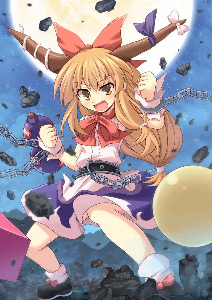 1girl brown_eyes chains cross_(crossryou) cuffs fang fighting_stance full_moon giantess gourd hair_ribbon horn_ribbon horns ibuki_suika immaterial_and_missing_power long_hair looking_at_viewer low-tied_long_hair moon open_mouth ribbon shirt sleeveless sleeveless_shirt solo touhou