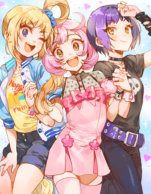 3girls :d ;d ahoge ayase_naru belt black_hair blonde_hair blue_eyes blush bow bracelet brown_eyes china_dress chinese_clothes choker cowboy_shot denim dress fukuhara_ann hair_rings hand_holding hood hoodie inzup jeans jewelry long_hair looking_at_another looking_at_viewer multicolored_hair multiple_girls one_eye_closed open_mouth pants pink_dress pink_hair pleated_dress pretty_rhythm pretty_rhythm_rainbow_live purple_hair shirt short_hair short_sleeves shorts side_ponytail simple_background skull_print smile suzuno_ito t-shirt thigh-highs wrist_cuffs yellow_eyes