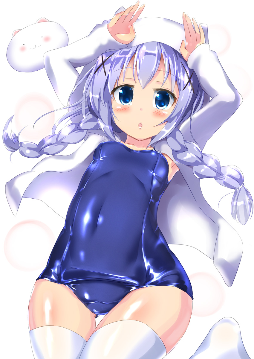 1girl :3 :o animal animal_ears animal_hood animal_on_head armpits arms_up bangs blue_eyes blue_hair blue_swimsuit blush braid breasts bunny_on_head bunny_pose collarbone covered_navel cowboy_shot eyebrows_visible_through_hair facing_viewer fake_animal_ears gochuumon_wa_usagi_desu_ka? hair_ornament hair_over_shoulder hair_tie hairclip highres hips hood hoodie kafuu_chino lens_flare long_hair long_sleeves looking_at_viewer matching_hair/eyes naka o_o old_school_swimsuit one-piece_swimsuit open_clothes open_hoodie parted_lips rabbit school_swimsuit shiny shiny_clothes shiny_hair simple_background small_breasts solo surprised swimsuit thigh-highs thighs triangle_mouth twin_braids white_background white_legwear x_hair_ornament