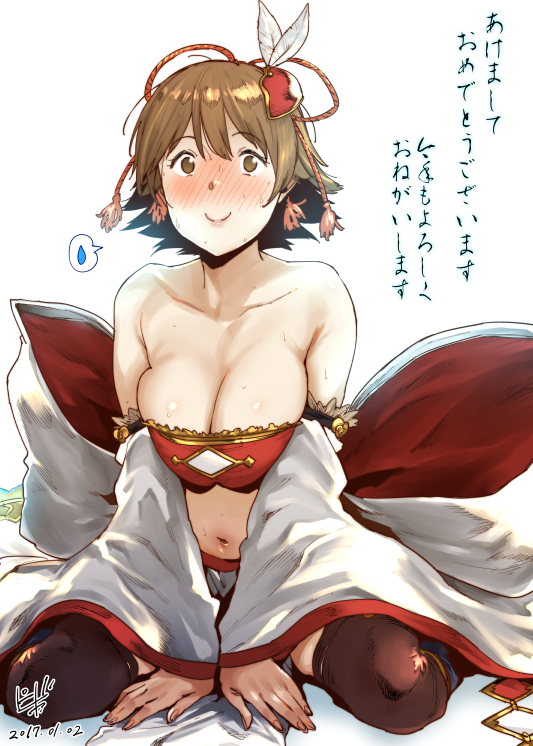 1girl akeome arm_support bandeau bangs bare_shoulders black_legwear blush breasts brown_eyes brown_hair cleavage collarbone cosplay dated detached_sleeves feathers granblue_fantasy hair_ornament honda_mio idolmaster idolmaster_cinderella_girls large_breasts looking_at_viewer makira_(granblue_fantasy) makira_(granblue_fantasy)_(cosplay) matching_hair/eyes midriff navel new_year pija_(pianiishimo) simple_background sitting smile solo spoken_sweatdrop sweat sweatdrop text thigh-highs translated wariza white_background wide_sleeves