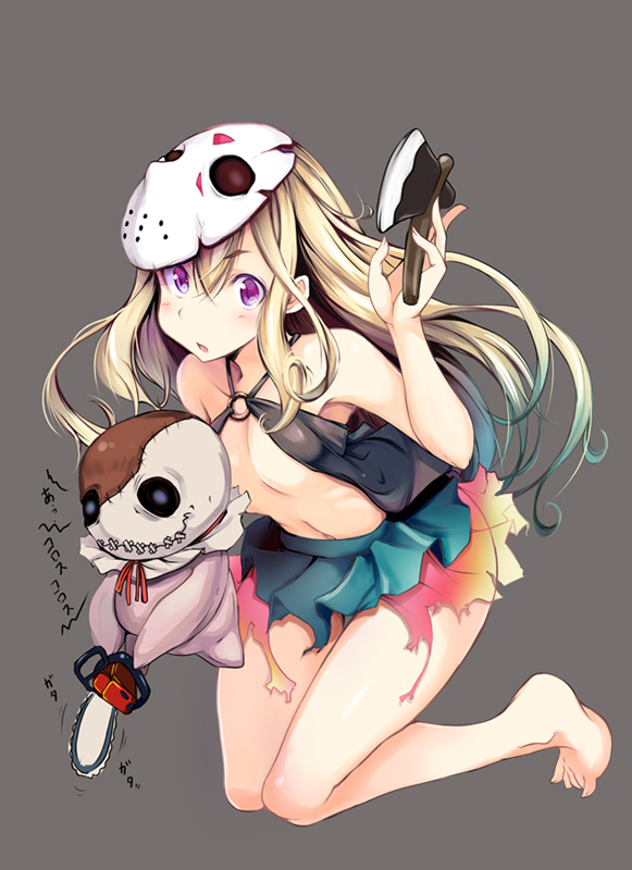 1girl armpits axe bare_shoulders barefoot blonde_hair blush breasts chainsaw character_doll friday_the_13th full_body genderswap genderswap_(mtf) gengoroh green_skirt hockey_mask holding holding_weapon jason_voorhees kneeling long_hair looking_at_viewer mask mask_on_head miniskirt navel revealing_clothes skirt small_breasts solo stomach violet_eyes weapon