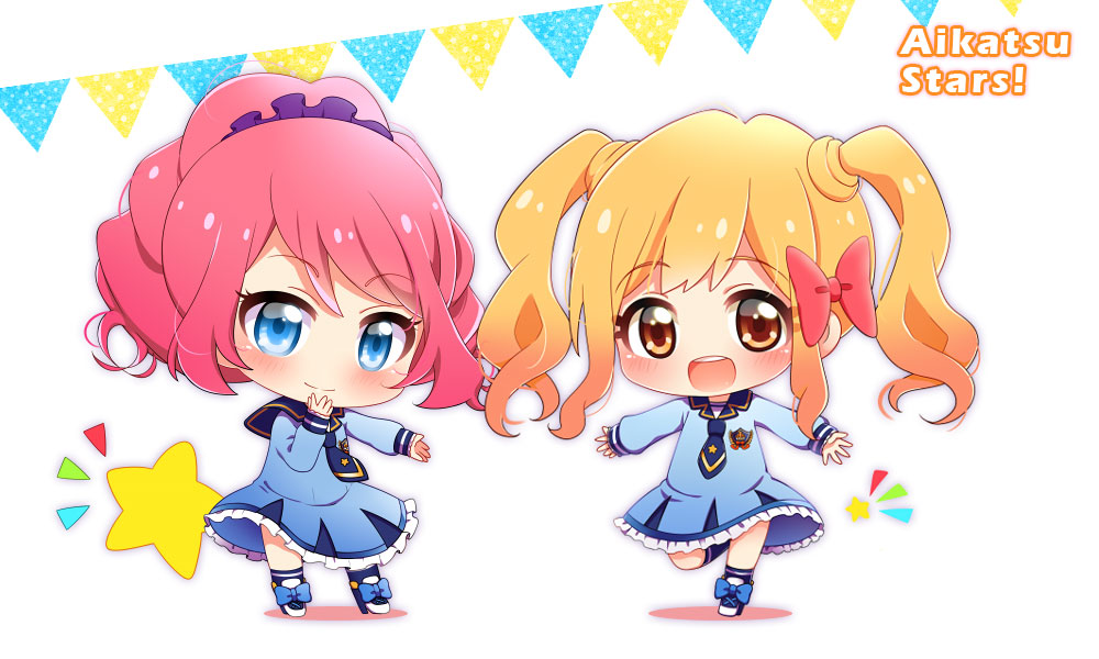2girls :d aikatsu! aikatsu_stars! bangs blonde_hair blue_eyes blush bow brown_eyes chibi closed_mouth copyright_name dress eyebrows_visible_through_hair hair_bow hair_ornament hair_scrunchie hand_on_own_chin multiple_girls nijino_yume open_mouth outstretched_arm outstretched_arms pennant pink_bow pink_hair ponytail sailor_dress sakuraba_rola scrunchie simple_background sleeves_past_wrists smile standing standing_on_one_leg star twintails umino_(umino00) wavy_hair white_background