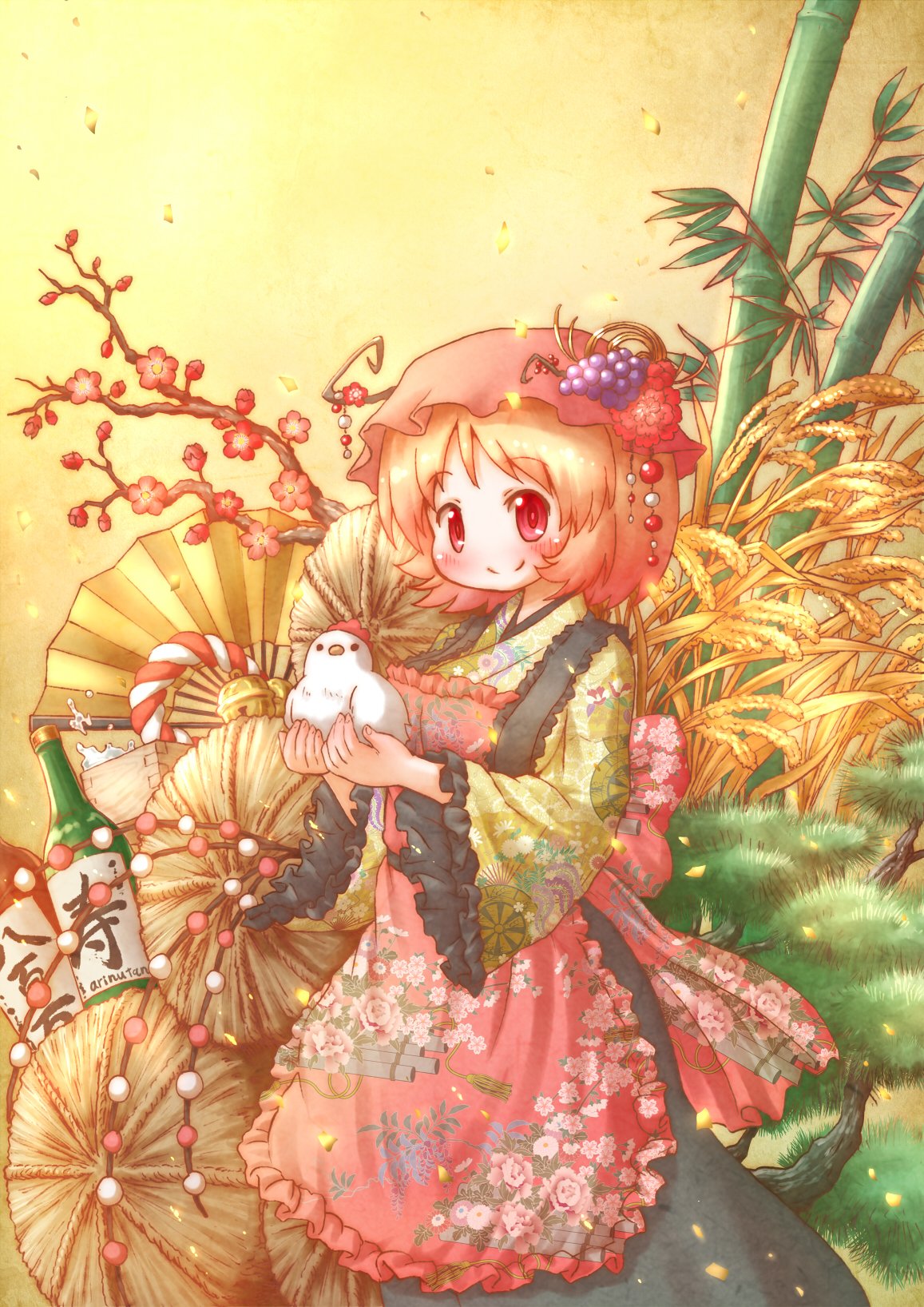 1girl aki_minoriko apron arinu bird black_skirt blonde_hair blush chicken hair_ornament highres japanese_clothes kimono new_year red_eyes rooster short_hair skirt smile solo touhou year_of_the_rooster