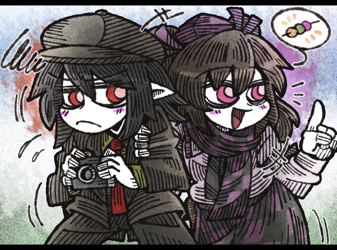 +++ 2girls :d annoyed black_hair black_hat black_jacket black_necktie black_pants blazer checkered checkered_scarf checkered_skirt cowboy_shot dango flat_cap flying_sweatdrops food frilled_shirt_collar frills frown hair_between_eyes hat himekaidou_hatate index_finger_raised jacket letterboxed long_sleeves multiple_girls necktie open_mouth pants pink_eyes pink_shirt pointing pointy_ears purple_hat purple_scarf purple_skirt red_eyes red_necktie scarf shameimaru_aya shirt skirt smile spoken_food squiggle suenari_(peace) tokin_hat touhou wagashi white_skin