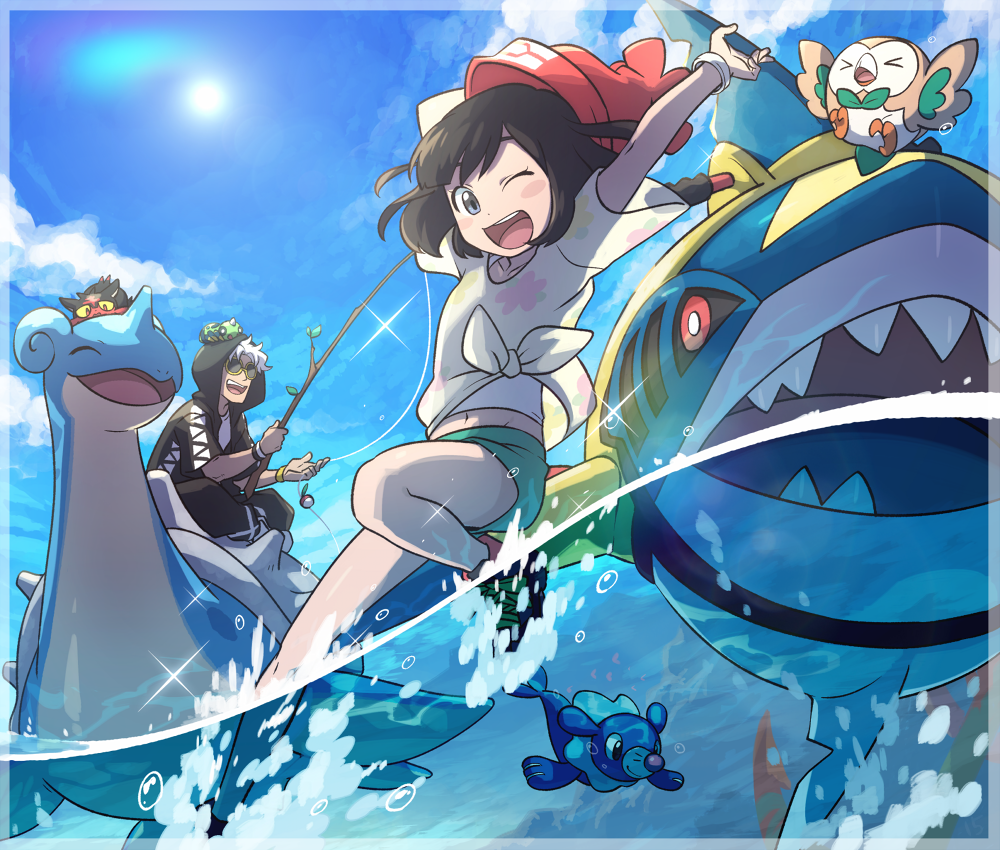 1boy 1girl ;d bangs bare_legs beanie black_hair blue_eyes blue_sky blush_stickers day dhelmise female_protagonist_(pokemon_sm) fishing_rod floral_print green_shorts guzma_(pokemon) hat holding holding_fishing_rod lapras litten one_eye_closed open_mouth pokemon pokemon_(creature) pokemon_(game) pokemon_sm popplio red_hat riding rowlet ryanpei see-through_silhouette sharpedo shirt shoes short_hair short_shorts short_sleeves shorts sky smile sneakers spinarak sun sunglasses swept_bangs t-shirt tied_shirt water white_hair z-ring