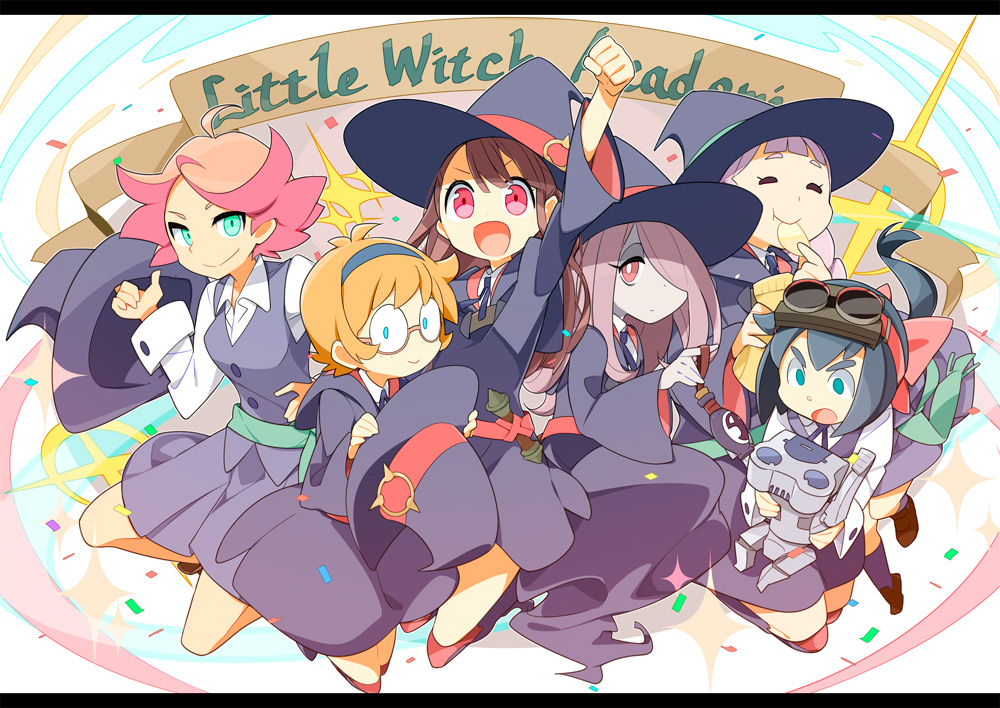 6+girls ahoge akko_kagari amanda_o'neill aqua_eyes arm_up bangs belt blonde_hair blue_dress blue_eyes blue_hair blue_hairband blue_hat blue_skirt blue_vest blunt_bangs brown_hair chips clenched_hand closed_eyes collared_shirt confetti constanze_albrechtsburger constanze_amalie_von_braunschbank-albrechtsberger copyright_name dress eating food goggles goggles_on_head green_eyes hairband hat holding holding_hat jasminka_antonenko koshou_shichimi lavender_hair letterboxed little_witch_academia long_hair long_sleeves lotte_yanson multiple_girls neck_ribbon orange_hair pink_eyes pink_hair poison ponytail potato_chips red_eyes ribbon shirt short_hair skirt sleeve_cuffs sparkle sucy_manbabalan vest vial white_shirt wide_sleeves witch witch_hat