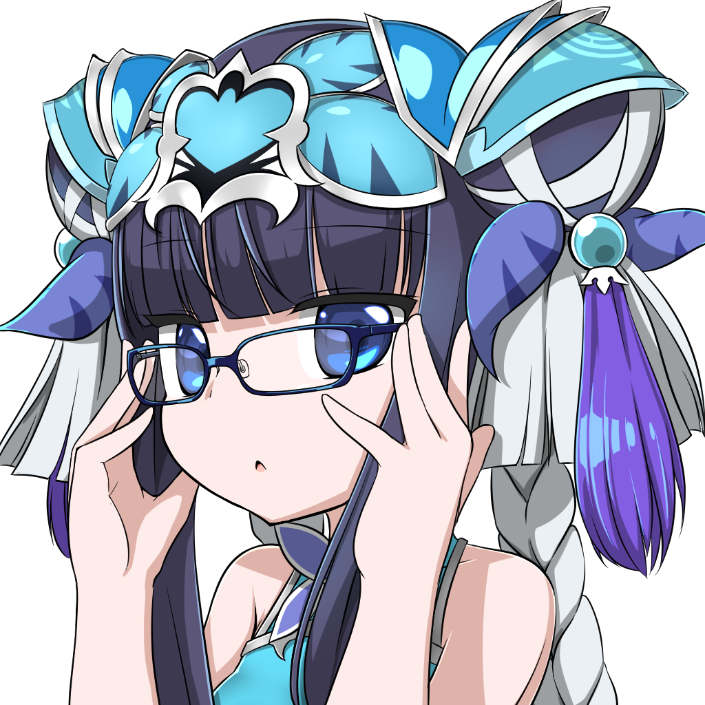 1girl bare_shoulders bespectacled blue-framed_eyewear blue_eyes braid chestnut_mouth chinese_clothes commentary double_bun glasses hair_ornament haku_(p&amp;d) lilium0235 long_hair looking_at_viewer multicolored_hair purple_hair puzzle_&amp;_dragons shirt silver_hair sleeveless sleeveless_shirt solo two-tone_hair