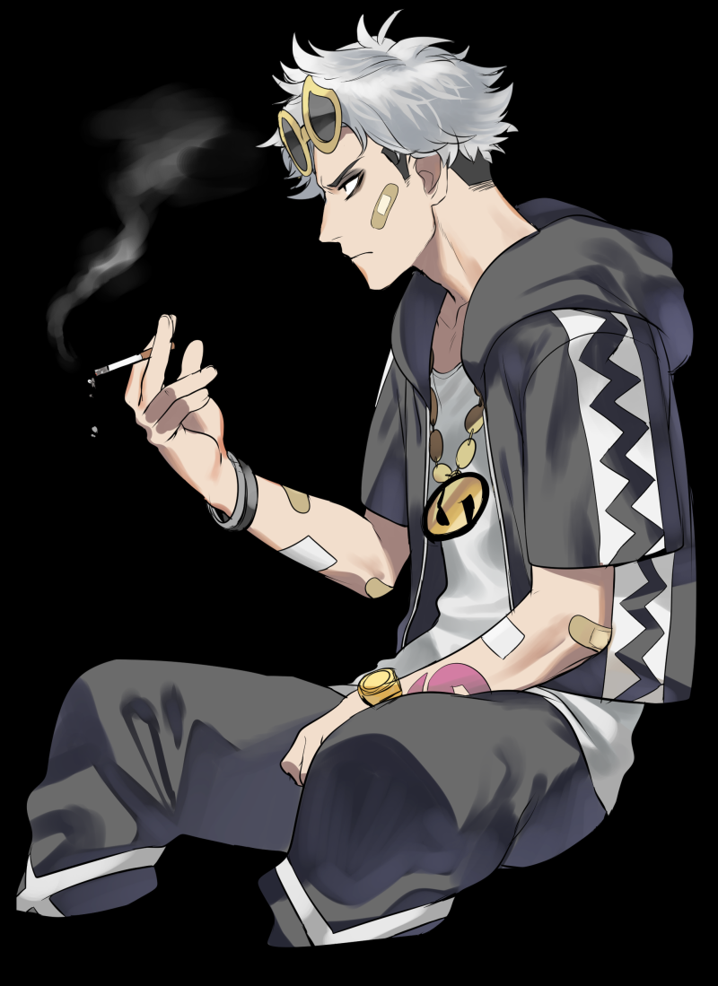 1boy arm_tattoo bags_under_eyes black_background chain_necklace cigarette closed_mouth dark_skin dark_skinned_male from_side guzma_(pokemon) hood hoodie male_focus multicolored_hair pants plaster pokemon pokemon_(game) pokemon_sm shirt short_sleeves simple_background sitting smoking solo sunglasses sunglasses_on_head tattoo team_skull two-tone_hair wadani_hitonori watch white_hair white_shirt wristband