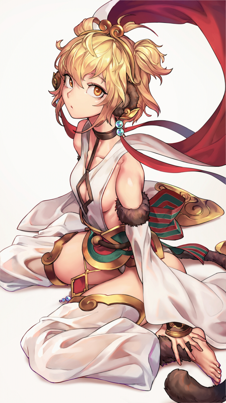 1girl anchira_(granblue_fantasy) arm_guards bare_shoulders barefoot beads blonde_hair breasts choker cleavage_cutout collarbone detached_pants detached_sleeves diamond_(shape) erun_(granblue_fantasy) eyelashes feet fingernails from_side fur_trim granblue_fantasy hair_between_eyes hairband hand_on_ankle hands_on_feet highres leotard looking_at_viewer monkey_ears monkey_tail oopartz_yang ribs sash see-through shawl short_hair side_glance sideboob simple_background sitting small_breasts solo tail toenails toes two_side_up wariza white_background white_leotard yellow_eyes