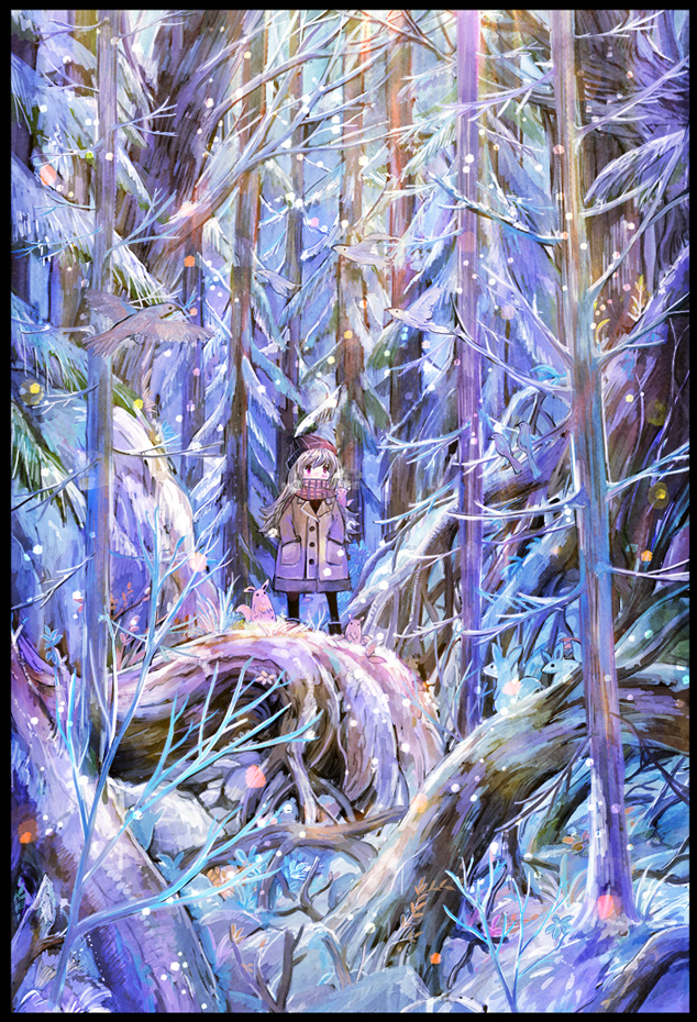 1girl bare_tree bird black_legwear blush border colorful covered_mouth deer fir_tree forest hands_in_pockets hat nature origianl original pantyhose rabbit red_eyes scarf scenery silver_hair snow snowing solo sonidoriy squirrel tree winter winter_clothes