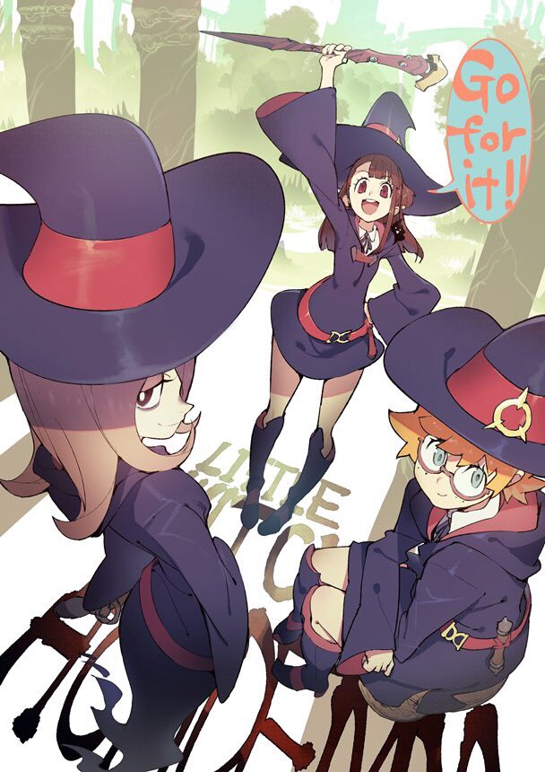 3girls :d a'j akko_kagari arms_up bangs black_ribbon blunt_bangs boots brown_hair collared_shirt copyright_name glasses green_eyes half-closed_eyes hat holding holding_staff little_witch_academia long_hair long_sleeves looking_at_viewer lotte_yanson multiple_girls neck_ribbon open_mouth outdoors red_eyes ribbon semi-rimless_glasses shirt short_hair sitting smile staff standing sucy_manbabalan wide_sleeves witch_hat