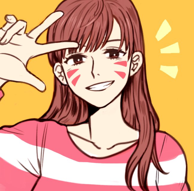 /\/\/\ 1girl :d bosong_beoseot brown_eyes brown_hair d.va_(overwatch) facepaint facial_mark grin hand_up long_hair long_sleeves looking_at_viewer matching_hair/eyes open_mouth overwatch shirt smile solo striped striped_shirt teeth w whisker_markings white_background yellow_background