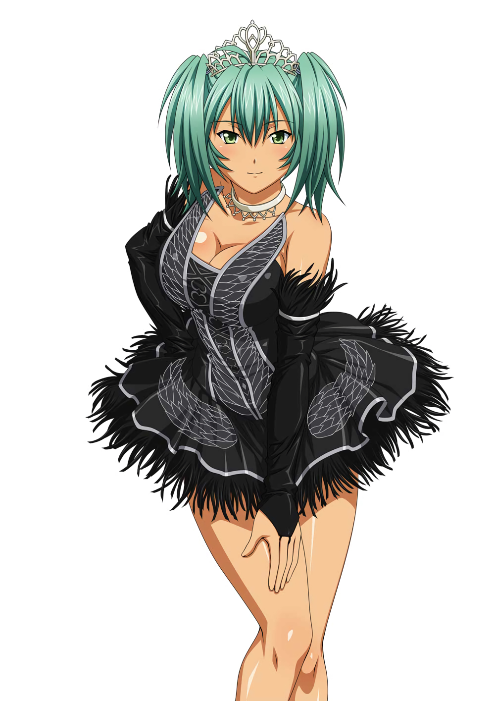 1girl breasts bridal_gauntlets choker cleavage dress green_eyes green_hair highres ikkitousen large_breasts looking_at_viewer official_art ryofu_housen smile solo tiara twintails