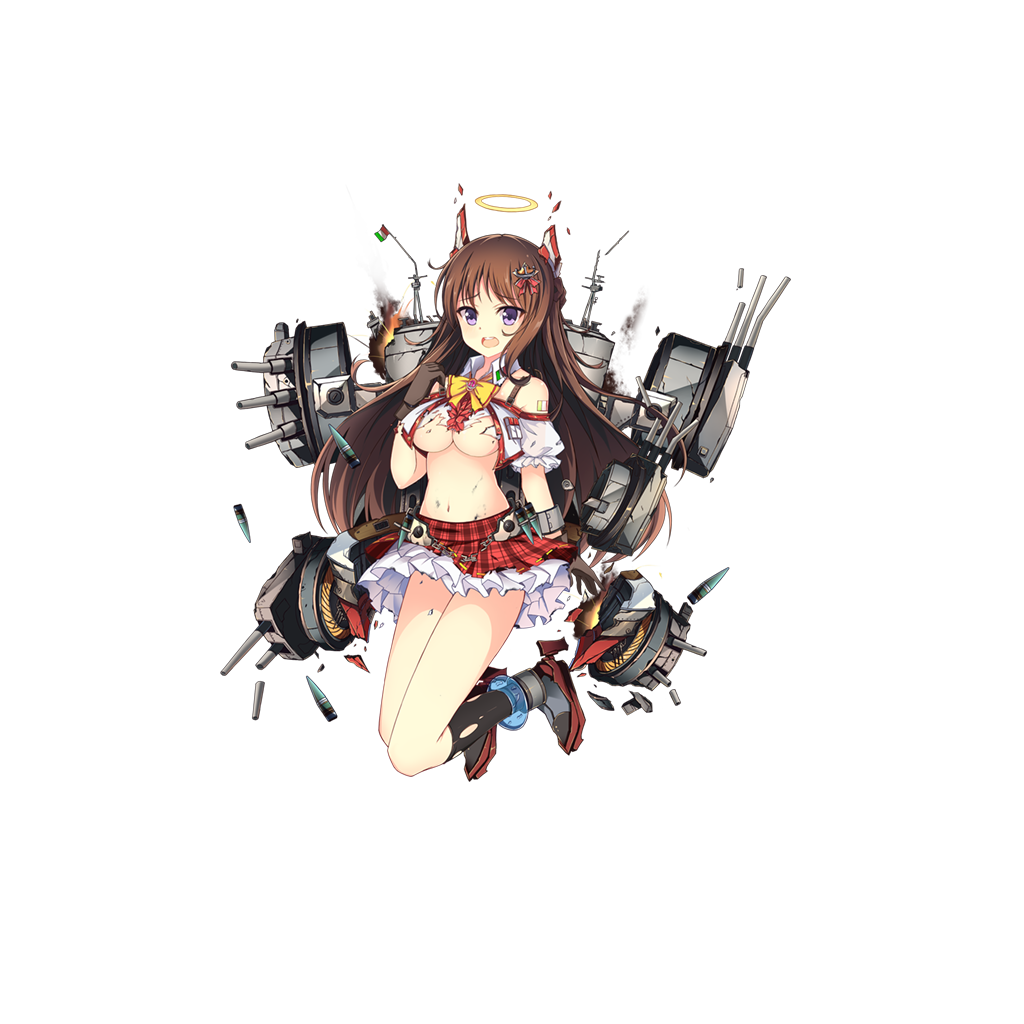 1girl anchor_hair_ornament anklet black_legwear bow breasts broken brown_gloves brown_hair caio_duilio_(zhan_jian_shao_nyu) cannon chains cleavage crop_top cropped_jacket damaged explosion frilled_skirt frills full_body gloves grey_shoes hair_ornament halo horns italian_flag jacket jewelry jianren long_hair looking_at_viewer machinery midriff navel official_art open_mouth plaid plaid_skirt puffy_short_sleeves puffy_sleeves red_skirt shell shoes short_sleeves skirt smoke socks solo torn_clothes transparent_background turret violet_eyes white_jacket yellow_bow zhan_jian_shao_nyu