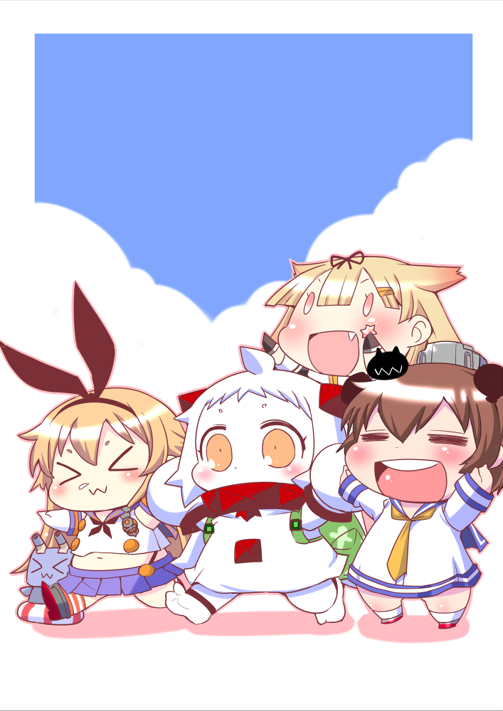 &gt;:d &gt;_&lt; 4girls :3 :d ahoge anchor_hair_ornament animal_ears ankle_cuffs arms_up backpack bag barefoot blonde_hair blue_sky bow brown_hair chibi closed_eyes clouds collar comic commentary_request day dress enemy_aircraft_(kantai_collection) fang gloves hair_bow hair_flaps hair_ornament headgear holding_star horns kantai_collection lifebuoy long_hair long_sleeves machinery mittens multiple_girls navel neckerchief northern_ocean_hime open_mouth rabbit_ears randoseru remodel_(kantai_collection) rensouhou-chan revision sailor_dress sako_(bosscoffee) scarf school_uniform serafuku shadow shimakaze_(kantai_collection) shinkaisei-kan shirt shoes short_hair sitting sitting_on_head sitting_on_person sky sleeveless sleeveless_shirt smile snot socks star turret walking white_hair x3 yellow_eyes yukikaze_(kantai_collection) yuudachi_(kantai_collection)