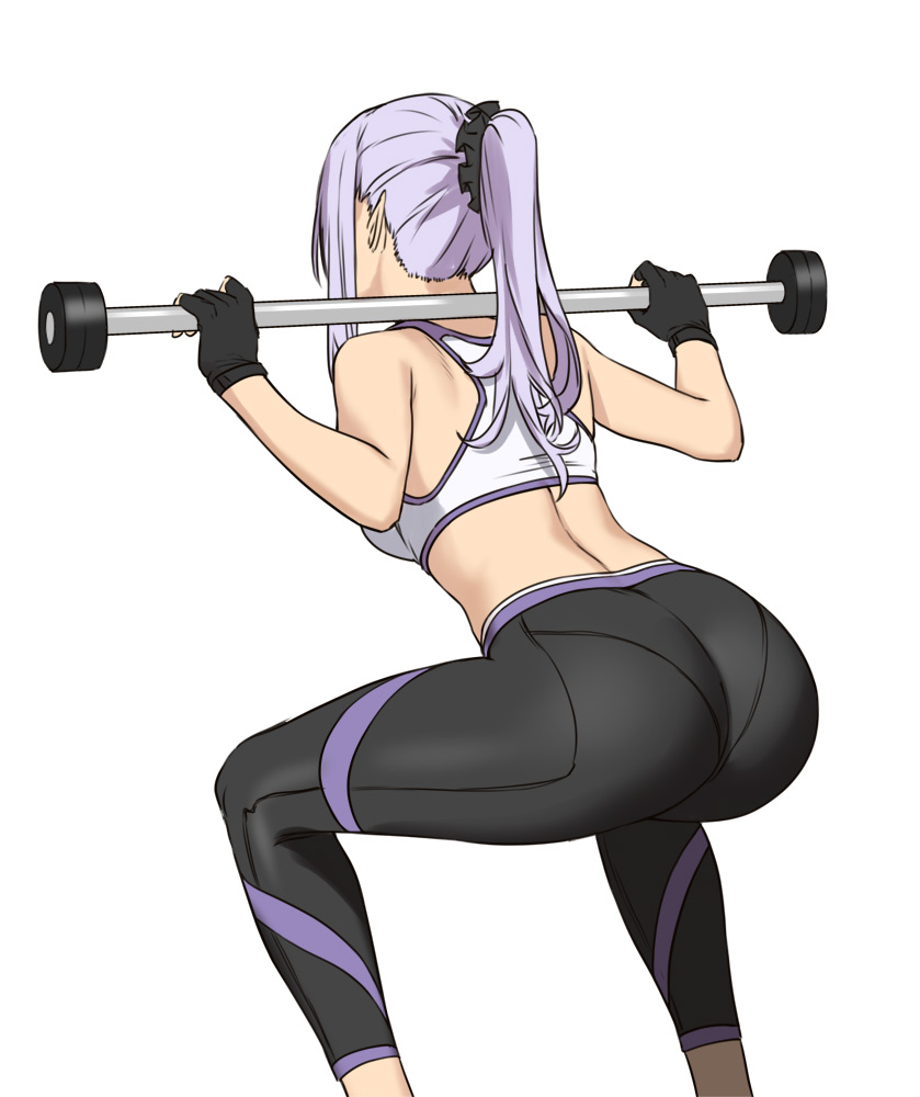 1girl ass back barbell bare_shoulders black_gloves black_pants black_scrunchie bra breasts commentary exercise fingerless_gloves gloves houtengeki lavender_hair leggings long_hair medium_breasts original pants pointy_ears ponytail scrunchie simple_background solo sports_bra squatting thighs underwear waist weightlifting white_background white_bra