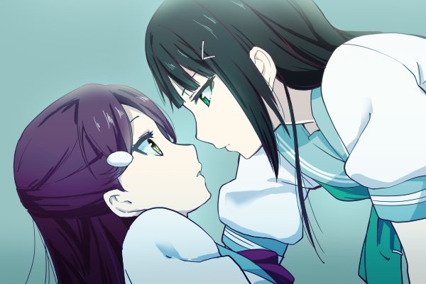 2girls black_hair face-to-face from_side green_eyes hair_ornament hairclip kurosawa_dia long_hair love_live! love_live!_sunshine!! multiple_girls purple_hair sakurauchi_riko school_uniform sen'yuu_yuuji serafuku yellow_eyes yuri