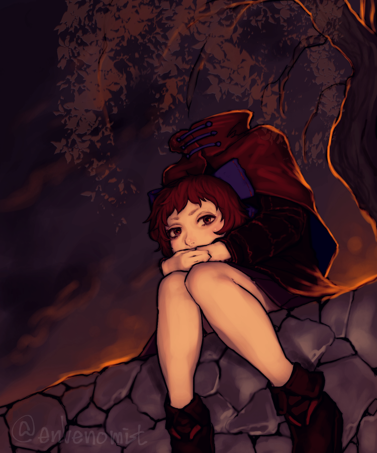 1girl bow cape covered_mouth disembodied_head full_body gengoroumaru_(ambidextrous) hair_bow headless high_collar long_sleeves looking_at_viewer monster_girl nukekubi red_eyes redhead sekibanki short_hair sitting skirt solo touhou tree twitter_username