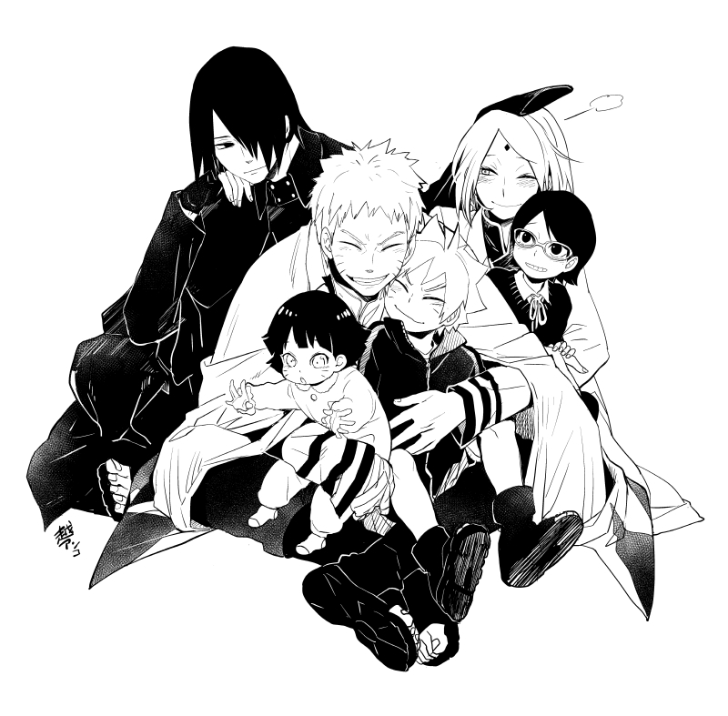 3boys 3girls amputee cape facial_mark family father_and_daughter father_and_son forehead_mark greyscale happy haruno_sakura hug koshi_anko monochrome mother_and_daughter multiple_boys multiple_girls naruto older sitting sitting_on_lap sitting_on_person smile spiky_hair uchiha_sarada uchiha_sasuke uzumaki_boruto uzumaki_himawari uzumaki_naruto whisker_markings whiskers