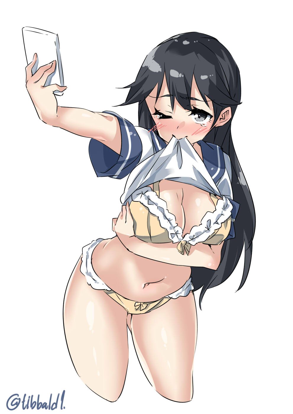 1girl ass_visible_through_thighs black_eyes black_hair blush bra breast_hold breasts cellphone cleavage cropped_legs ebifurya highres kantai_collection large_breasts leaning_forward mouth_hold navel no_pants one_eye_closed panties phone self_shot shirt_lift simple_background smartphone solo tears twitter_username underwear ushio_(kantai_collection) white_background yellow_bra yellow_panties