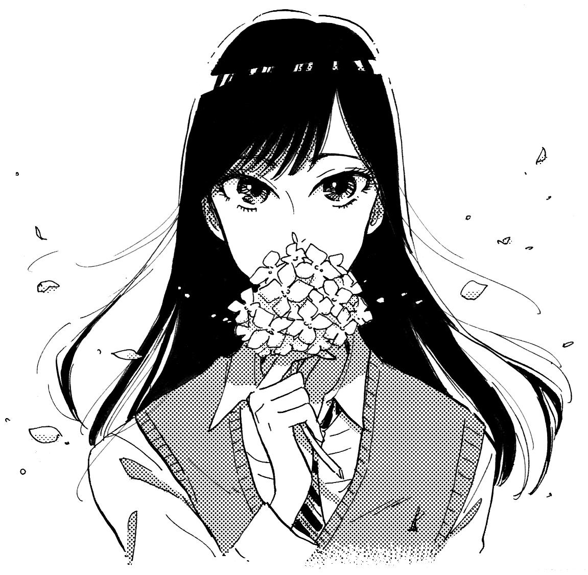 1girl black_hair flower greyscale koi_wa_ameagari_no_you_ni long_hair mayuzuki_jun monochrome necktie official_art school_uniform tachibana_akira