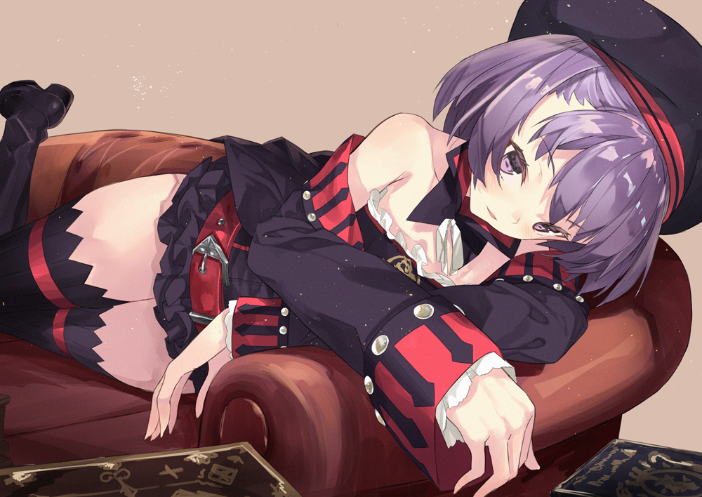 1girl bare_shoulders belt blush book couch fate/grand_order fate_(series) furisuku hat helena_blavatsky_(fate/grand_order) looking_at_viewer purple_hair short_hair solo thigh-highs violet_eyes