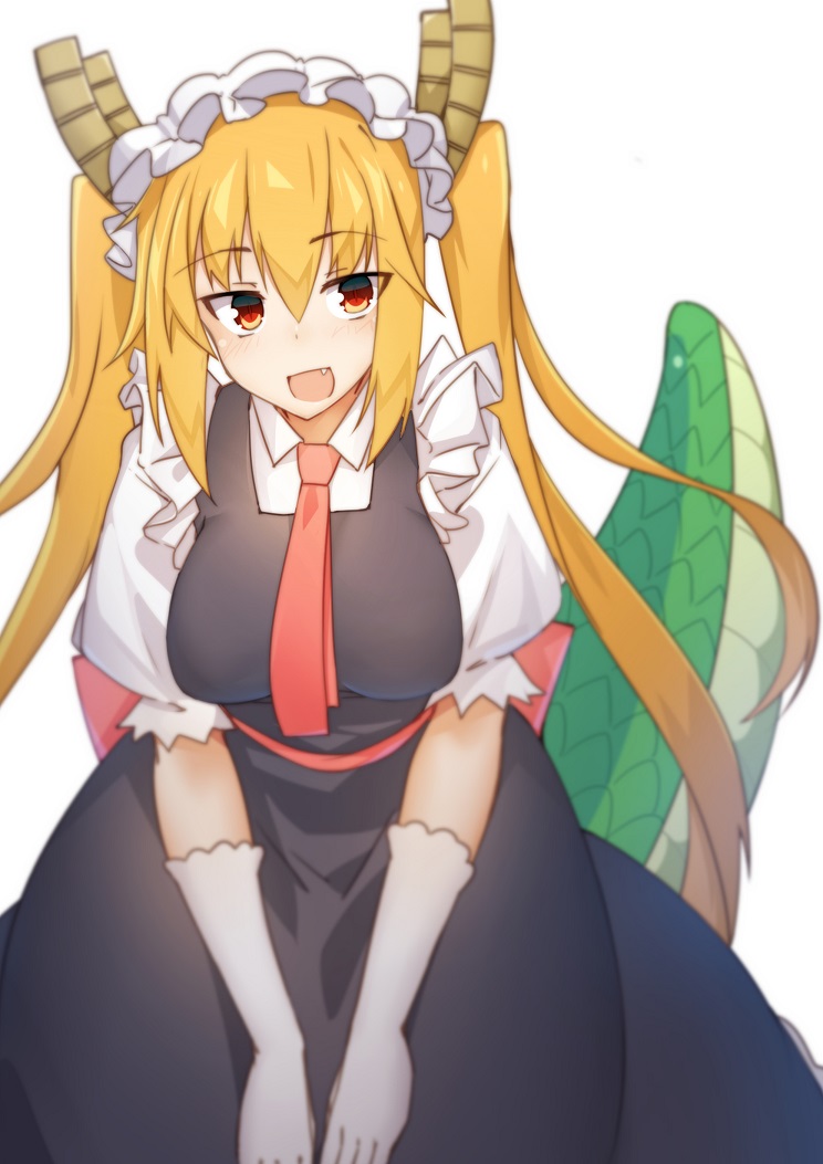 1girl blonde_hair blurry breasts depth_of_field dragon_girl dragon_tail fang gloves horns kobayashi-san_chi_no_maidragon large_breasts leaning_forward long_hair looking_at_viewer maid maid_headdress necktie puffy_short_sleeves puffy_sleeves red_eyes short_sleeves solo tail tail_raised tilt-shift tooru_(maidragon) twintails v_arms very_long_hair white_gloves