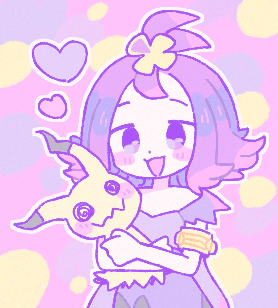 1girl acerola_(pokemon) bangs_pinned_back dress hair_ornament heart hug mimikyu open_mouth pokemon pokemon_(game) pokemon_sm purple_dress purple_hair remoooon short_hair simple_background smile solo violet_eyes
