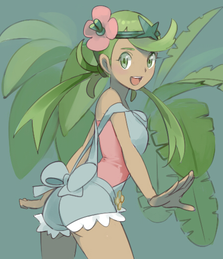 1girl :d apron ass breasts cowboy_shot cropped_legs dark_skin flower from_side green_eyes green_hair hair_flower hair_ornament leaf looking_at_viewer mallow_(pokemon) off_shoulder open_mouth pink_shirt pokemon pokemon_(game) pokemon_sm ribbon shirt sleeveless sleeveless_shirt smile solo strap_slip suion_25.c twintails wrists_extended
