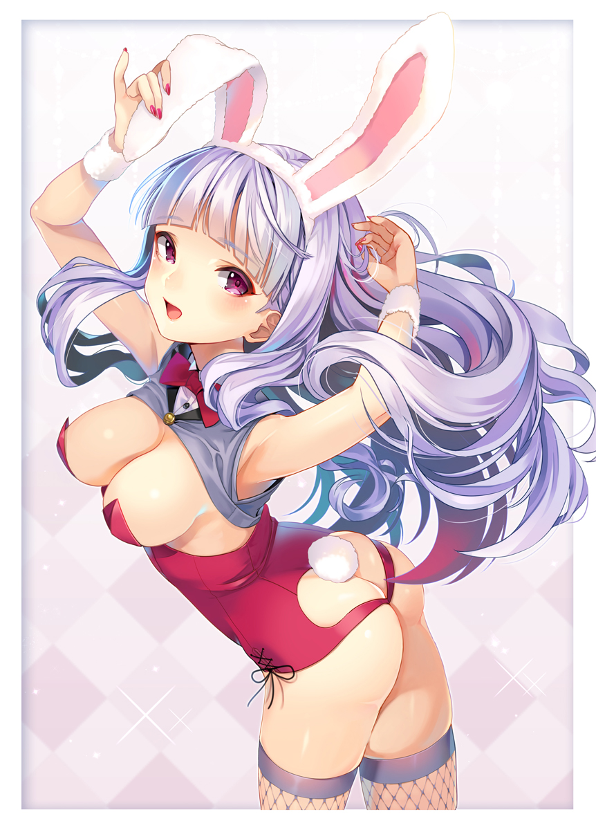 1girl animal_ears arched_back armpits arms_up ass ass_cutout blush bow bowtie breasts bunny_girl bunny_tail bunnysuit butt_crack cleavage fake_animal_ears fishnet_legwear fishnets from_above hairband heart_cutout highres idolmaster joey_koguma large_breasts long_hair looking_at_viewer nail nail_polish no_panties open_mouth rabbit_ears ribbon shijou_takane shiny shiny_skin silver_hair sleeveless smile tail thigh-highs violet_eyes wrist_cuffs