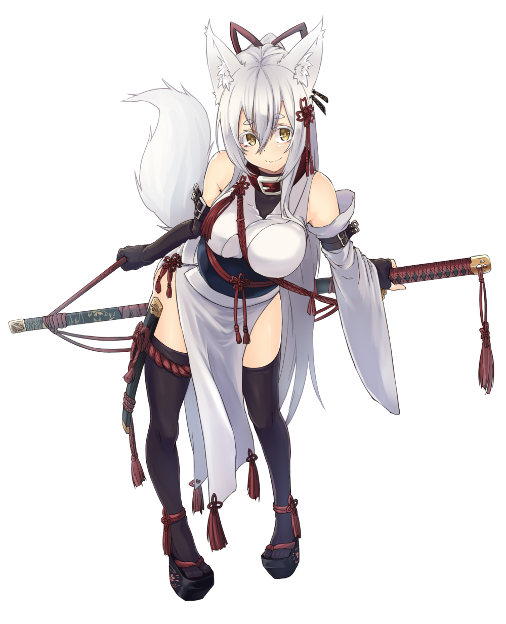 1girl animal_ears bare_shoulders belt between_breasts black_legwear breasts collar detached_sleeves fox_ears geta gloves hair_ribbon highres holding holding_sword holding_weapon katana large_breasts long_hair looking_at_viewer obi original ponytail ribbon sakura_inu sash side_slit simple_background smile solo sword tail wakizashi weapon white_background white_eyelashes white_hair yellow_eyes