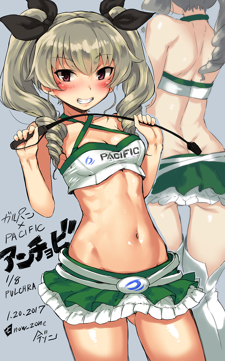 1girl anchovy blush breasts cleavage drill_hair girls_und_panzer gluteal_fold green_hair hair_ribbon highres imazon long_hair looking_at_viewer midriff miniskirt navel red_eyes ribbon riding_crop skirt smile solo thigh-highs twin_drills twintails