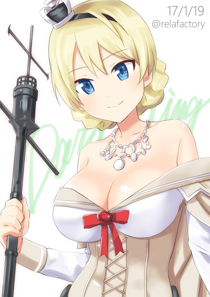 1girl blonde_hair blue_eyes braid breasts character_name collarbone cosplay darjeeling dated dress girls_und_panzer kantai_collection looking_at_viewer medium_breasts off-shoulder_dress off_shoulder relafactory shiny shiny_skin smile staff tied_hair twin_braids twitter_username upper_body warspite_(kantai_collection) warspite_(kantai_collection)_(cosplay)