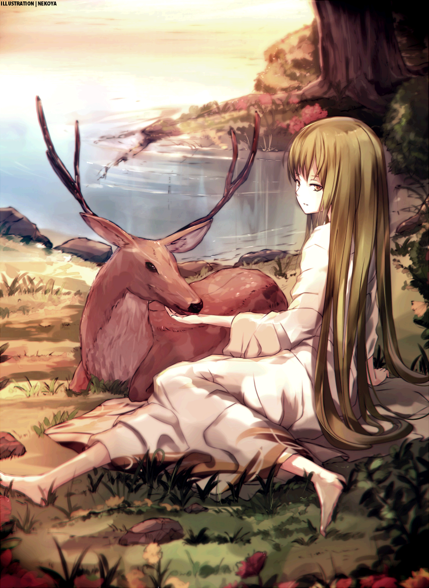 1girl antlers arm_support blonde_hair deer dyolf enkidu_(fate/strange_fake) fate_(series) grass highres lake long_hair long_sleeves looking_at_viewer looking_back ripples robe sitting solo tree very_long_hair water white_skin