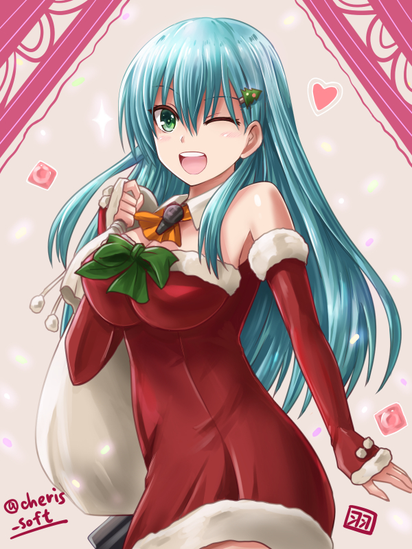 1girl ;d aqua_hair ascot bare_shoulders blush bow breasts christmas christmas_tree_hair_ornament cleavage detached_collar detached_sleeves dress female green_bow green_eyes hair_between_eyes hair_ornament haura_akitoshi heart holding holding_sack kantai_collection large_breasts light_blue_hair long_hair looking_at_viewer neck one_eye_closed open_mouth red_detached_sleeves red_dress round_teeth sack santa_costume shiny shiny_hair smile solo strapless strapless_dress suzuya_(kantai_collection) teeth wink