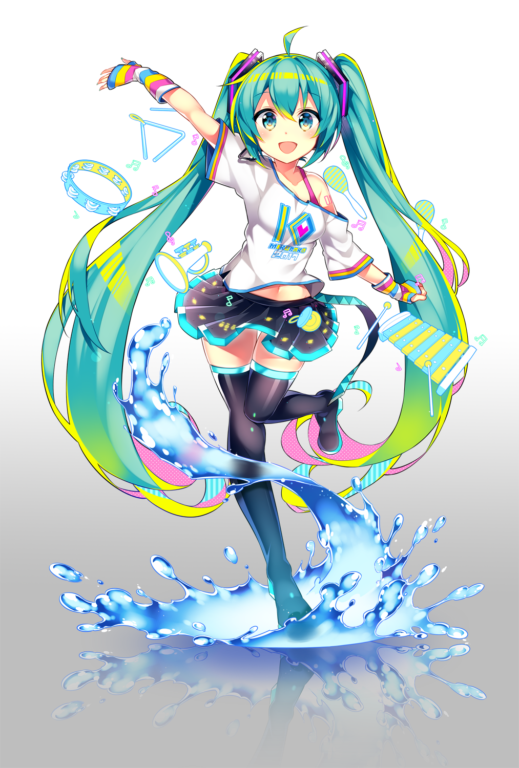 1girl aqua_eyes aqua_hair arm_up boots full_body hatsune_miku headset highres kurisu_sai long_hair looking_at_viewer navel open_mouth skirt solo splashing standing standing_on_one_leg thigh-highs thigh_boots twintails very_long_hair vocaloid water white_background