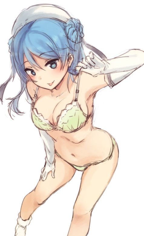1girl blue_eyes blue_hair blush bra breasts double_bun dutch_angle elbow_gloves eyebrows_visible_through_hair gloves hand_on_thigh hat headband kantai_collection looking_at_viewer medium_breasts nagami_yuu navel panties simple_background sketch solo tongue tongue_out underwear underwear_only urakaze_(kantai_collection) white_background white_bra white_gloves white_hat white_legwear white_panties