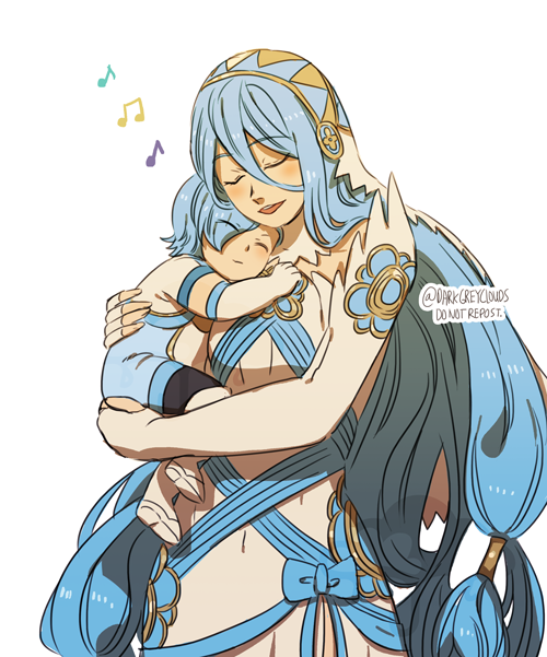 1boy 1girl aqua_(fire_emblem_if) artist_name beamed_quavers blue_hair carrying child closed_eyes darkgreyclouds dress elbow_gloves fingerless_gloves fire_emblem fire_emblem_if gloves headdress long_hair mother_and_son musical_note open_mouth quaver shigure_(fire_emblem_if) sleeping very_long_hair white_dress younger